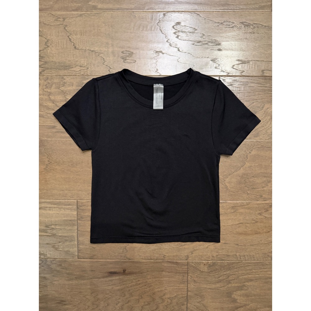 Urban Rebel Black Cropped Baby Tee Short Sleeve Crew Neck Stretch L/XL‎